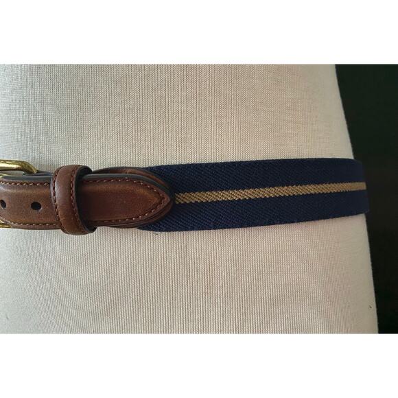 BARRONS-HUNTER Navy/Tan Stripe Stretch Belt w/Leather Tabs Mens sz 38 - Picture 3 of 12